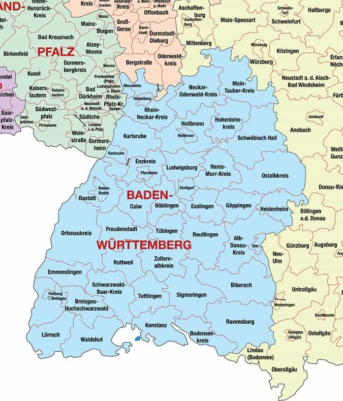 Região de Baden-Württemberg Marcada no Mapa em Azul